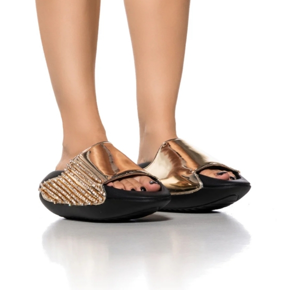 AZALEA WANG Shoes - AZALEA WANG BUGGY GOLD METALLIC EMBELLISHED SLIDE